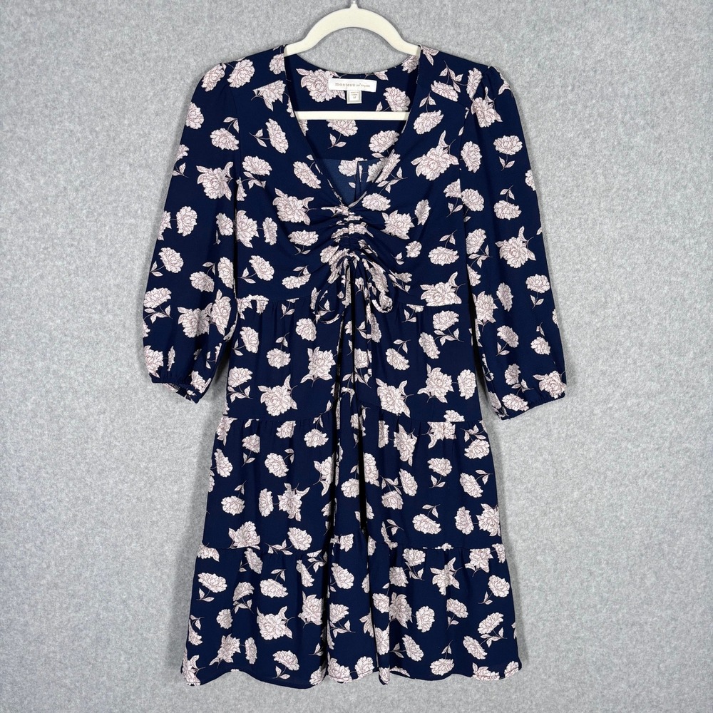 Monteau Tiered Ruched Floral Dress Medium Navy Feminine Coquette Cottage Twee